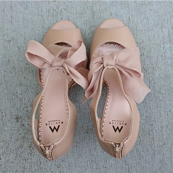 Shoedazzle Madison Tan Brown Bow Ankle Strap Peep Toe Platform High Heel Shoes - Picture 3 of 6